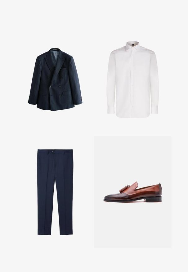 Donkerblauwe dubbele blazer van textuurstof, met pieklapels, vier zwarte knopen en twee voorzakken. Gevoerd met een lichte stof.; Witte lange mouw blouse met een gladde stof, klassieke kraag en een afgeronde zoom, met knopen aan de voorkant en manchetten.; Marineblauwe, op maat gemaakte broek van een soepele stof. Voorzien van een knoopsluiting, zijzakken en een recht model.; Bruine leren herenloafer met kwastjes, lage hak en gepolijste afwerking, gefotografeerd op een witte achtergrond in zijaanzicht.