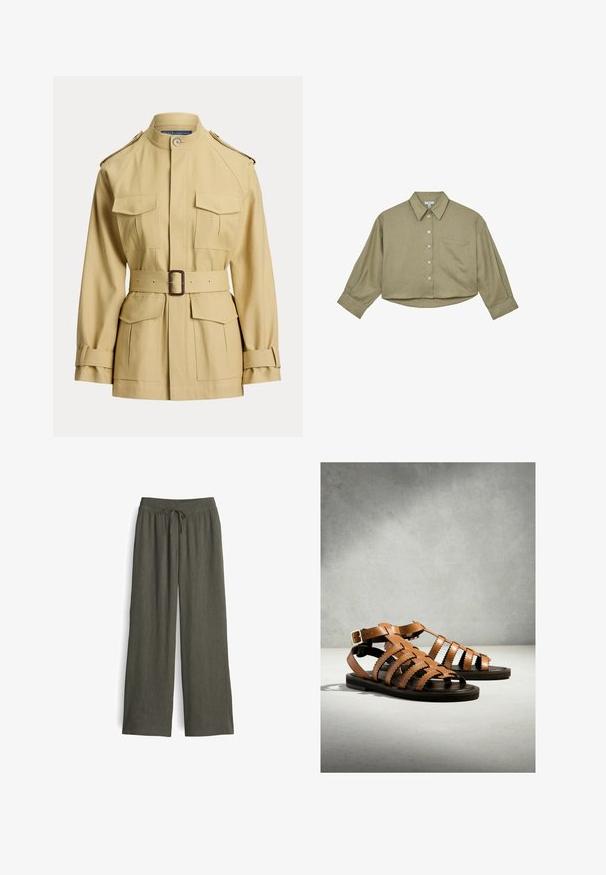 Veste beige ceinturée avec quatre poches avant à rabat, ceinture à boucle à la taille, col montant, épaulettes et bracelets de manche réglables.; Chemise courte boutonnée vert olive avec manches longues, poche poitrine et col classique.; Pantalons longs de couleur olive fabriqués en tissu léger, avec une taille à cordon de serrage, une texture plissée et des jambes larges.; Sandales en cuir marron à brides avec bords festonnés et boucle à la cheville, posées sur une surface claire sur fond gris.