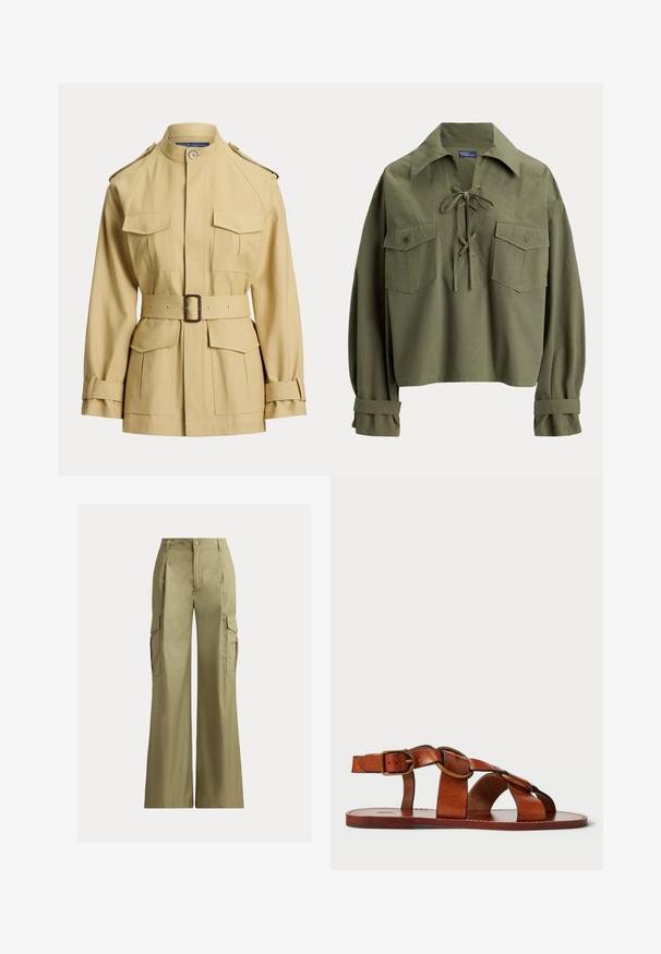 Veste beige ceinturée avec quatre poches avant à rabat, ceinture à boucle à la taille, col montant, épaulettes et bracelets de manche réglables.; Chemise à manches longues vert olive avec grand col, détail lacé à l'avant, deux poches poitrine boutonnées et brides aux poignets.; Pantalon cargo kaki à jambes larges, taille haute, fermeture par bouton et zip, avec poches à rabat de chaque côté.; Sandale en cuir marron avec un design de bride horizontale et circulaire, semelle plate et accent de boucle métallique, présentant une texture lisse.