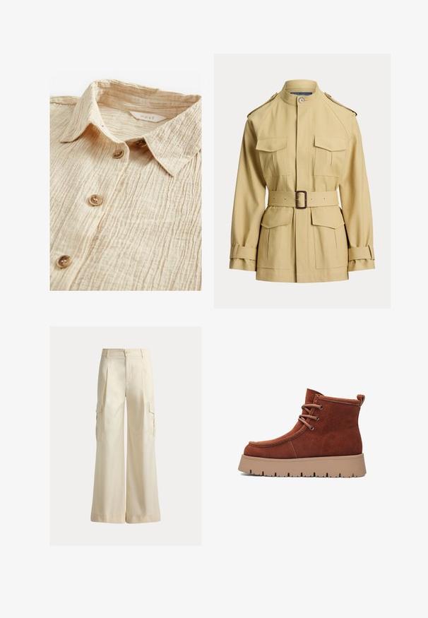 Veste beige ceinturée avec quatre poches avant à rabat, ceinture à boucle à la taille, col montant, épaulettes et bracelets de manche réglables.; Chemise beige à boutonner avec un tissu texturé et froissé. Dispose d'un col et de cinq boutons marron sur le devant. Étiquette visible à l'intérieur.; Pantalon cargo beige à jambes larges avec poches à rabat latérales, passants pour ceinture, fermeture avant par bouton et fermeture éclair.; Bottines en daim marron avec un bout arrondi, un laçage à l'avant, et une semelle plateforme beige épaisse avec une surface structuré antidérapante.