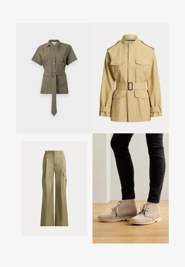 Veste beige ceinturée avec quatre poches avant à rabat, ceinture à boucle à la taille, col montant, épaulettes et bracelets de manche réglables.; Chemise à manches courtes vert olive avec col, deux poches poitrine à boutons et ceinture à nouer assortie à la taille.; Pantalon cargo kaki à jambes larges, taille haute, fermeture par bouton et zip, avec poches à rabat de chaque côté.; Bottines en daim beige à bout rond, avec un laçage et des coutures contrastantes, portées avec un pantalon noir ajusté sur un sol en bois.