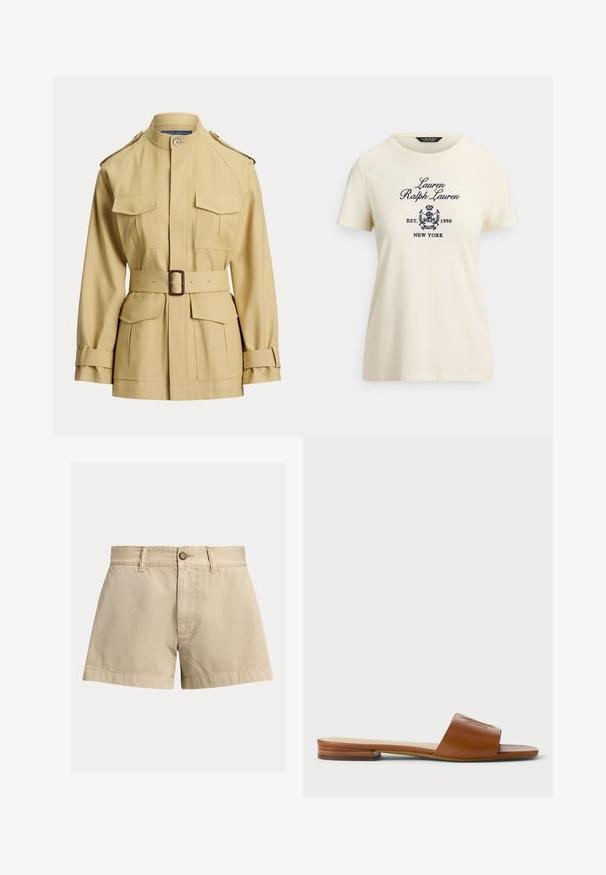 Chaqueta beige con cinturón, cuatro bolsillos delanteros con solapa, cinturón con hebilla en la cintura, cuello alzado, hombreras y correas ajustables en los puños.; Camiseta de algodón color crema con cuello redondo y mangas cortas, con texto bordado en azul marino y diseño de escudo en el frente.; Shorts de algodón beige con corte recto, cierre de botón y dos bolsillos delanteros. Textura suave y detalle de dobladillo vuelto.; Sandalia deslizante de cuero marrón con una tira ancha y detalles en relieve, suela plana con un ligero acento de madera en el talón, diseño minimalista.