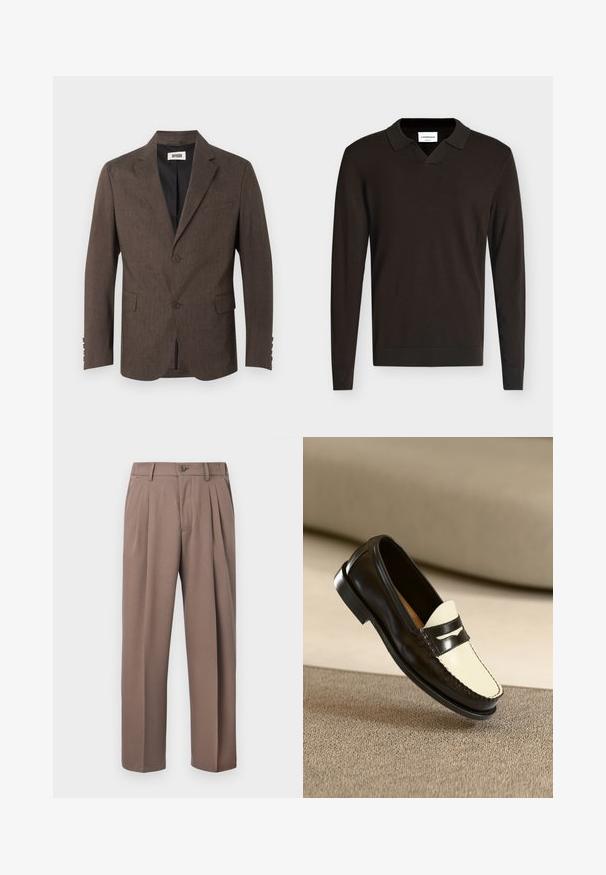 Brun herreblazer med skræddersyet pasform, hakrevers, to knapper foran, klaplommer og sort inderfor mod en neutral baggrund.; Mørkebrun langærmet sweater med krave og V-udskæring, ribstrikkede manchetter og kant, vist på ensfarvet baggrund.; Brune plisserede bukser med bæltestropper, forreste knap og lynlåslukning, vist mod en hvid baggrund.; Sort læderloafer med en cremefarvet vamp og sorte accentstriber, som har en lav hæl og detaljeret syning langs kanterne.