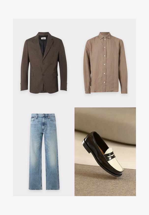 Brun herreblazer med skræddersyet pasform, hakrevers, to knapper foran, klaplommer og sort inderfor mod en neutral baggrund.; Langærmet brun skjorte med knapper og krave, hvide knapper og ensartet tekstur, vist mod en lysegrå baggrund.; Lyseblå denim jeans med lige ben, højt talje, fem lommer, knaplukning og diskrete falmede områder på lår og knæ.; Sort læderloafer med en cremefarvet vamp og sorte accentstriber, som har en lav hæl og detaljeret syning langs kanterne.