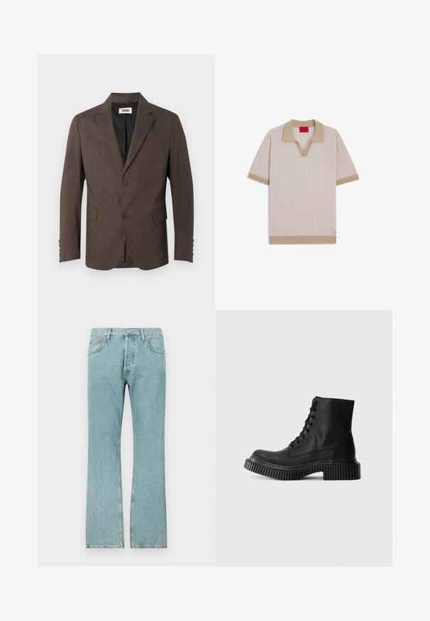 Brun herreblazer med skræddersyet pasform, hakrevers, to knapper foran, klaplommer og sort inderfor mod en neutral baggrund.; Beige kortærmet strikket polo med tekstureret mønster, ensfarvet krave, ærmekanter og kant, med et rødt HUGO-mærke indeni kraven.; Lysblå denimjeans med lige ben-design, der har fem lommer og en knaplukning. Synlige sømme og frynsedetaljer i kanten.; Sorte læder ankelstøvler med rund tå, snøredesign og tyk ribbet sål. Glat tekstur med minimal syning og ingen synlige detaljer.