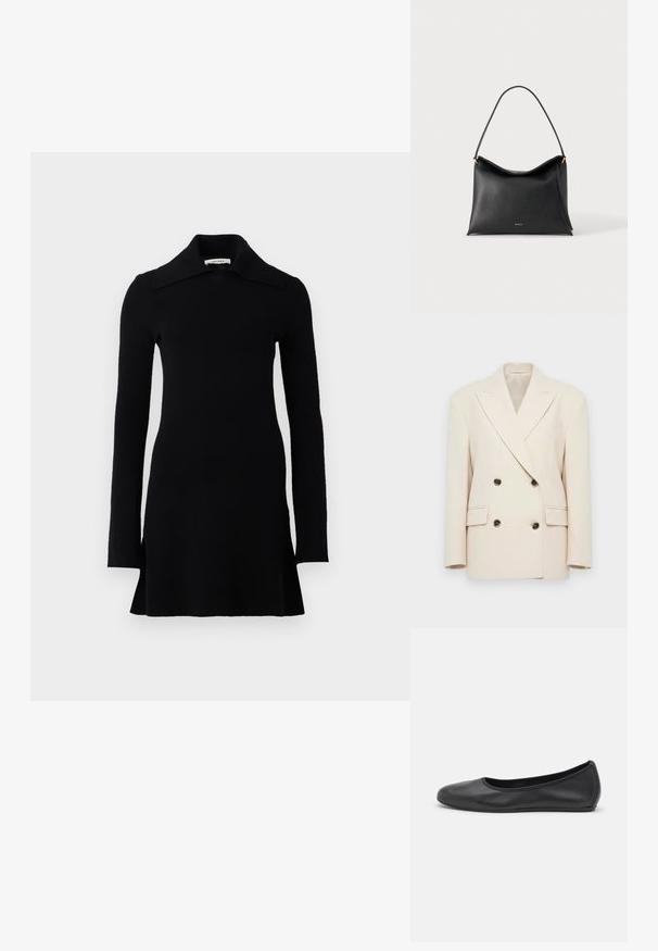 Crème kleurige double-breasted blazer met brede revers en vier donkere knopen, voorzien van twee klepzakken en gestructureerde schouders.; Zwarte lange mouw mini-jurk met een brede kraag, aansluitende taille en licht uitlopende zoom, weergegeven op een witte achtergrond.; Zwarte leren ballerina met een ronde neus, gladde textuur, minimale stikdetails en een flexibele zoolontwerp.; Zwarte leren handtas met een enkele riem en klein gouden merklogo op een effen lichte achtergrond.