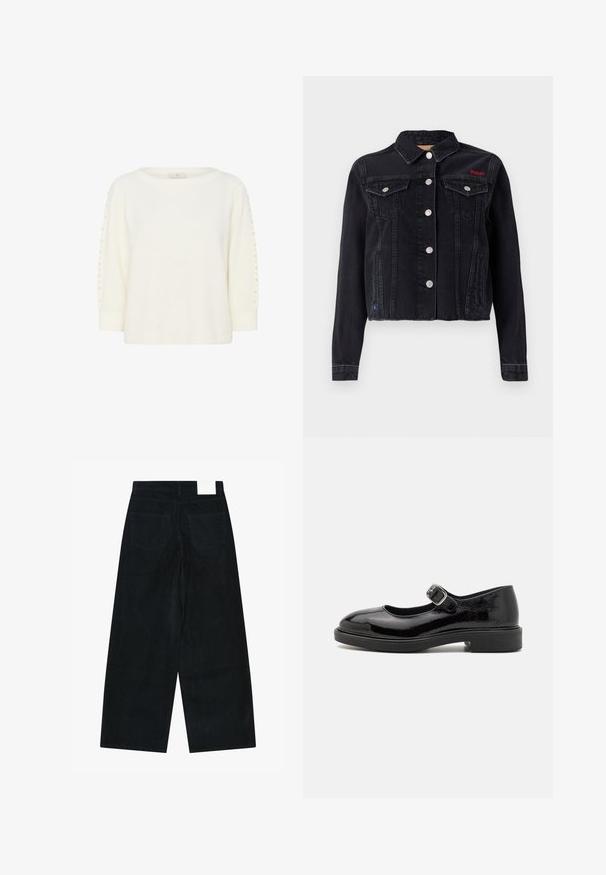 Red Bull Racing x Pepe Jeans JACKET - Cowboyjakker - denim; Kaffe KABETTY - Striktrøje - chalk cc; Sorte bredbenede jeans med en let struktureret stof, der har to baglommer og et hvidt mærke i taljen.; Sorte patentlæder Mary Jane-sko med rund tå, justerbar spænde, lav blokhælhæl og glat, blank finish.