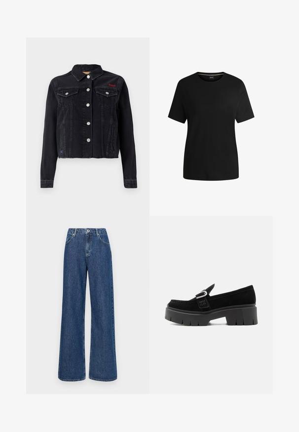 Red Bull Racing x Pepe Jeans JACKET - Chaqueta vaquera - denim; Camiseta negra de manga corta hecha de suave algodón, con cuello redondo y una textura lisa. Diseño simple sin patrones ni acentos.; Vaqueros de mezclilla azul de pierna ancha con una cintura alta, que presentan bolsillos frontales y un cierre de un solo botón. Tejido texturizado con costuras visibles.; Mocasín de ante negro con suela gruesa de tacos, detalle de hebilla plateada y "HUGO" en relieve en la correa lateral, mostrado desde el lado exterior.