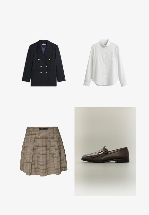 Blazer croisé marine en tissu à texture lisse. Dispose de boutons dorés, deux poches avant et un col à revers cranté.; Chemise blanche à manches longues avec boutons sur le devant, dotée d'une poche avant avec un petit logo brodé et d'un col à boutons.; Vero Moda VMELLIE Mid waist Mini - Jupe trapèze - silver mink; Mocassin en cuir marron foncé avec détail à franges et boucle dorée sur fond neutre, vue latérale.