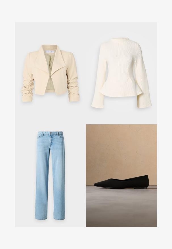 Beige verkürzte Jacke mit übergroßem Kragen, gerafften Ärmeln und einer glatten Textur. Futter in kontrastierendem Hellgrün.; Cremfarbener rippenstrukturierter Pullover mit hohem Kragen, langen, ausgestellt geschnittenen Ärmeln und einem Pfeplumsaum. Die strukturierte Stoffqualität sorgt für visuelles Interesse.; Helles blauer Denim-Jeans, gerade geschnitten, mit fünf Taschen und einem vorderen Knopfverschluss. Glatte Textur mit subtilen Ausbleichungen.; Schwarzer spitzer Ballerina, der über einem strukturierten beigen Teppich schwebt, im Hintergrund ein runder Holztisch und gestapelte Bücher.