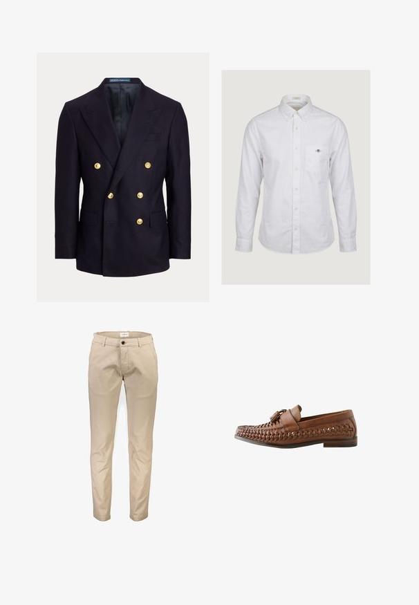 Marineblå dobbeltradet blazer med brede lapeller og seks gyldne knapper, med forlommer med klap og en glat sort inderforing.; Hvid langærmet skjorte med knapper og en brystlomme foran med et lille broderet logo.; Beige bomuldsbukser med lige ben, der har frontlommer, lynlås og en enkelt knaplukning. Glat tekstur, uden mønstre.; Brun vævet i læder loafer med kvaster på toppen og lav stakket hæl, vist i højre sideprofil på hvid baggrund.