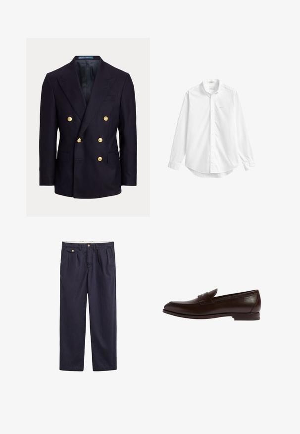 Blazer bleu marine croisé avec larges revers et six boutons dorés, avec poches avant à rabat et doublure intérieure noire lisse.; Chemise blanche à manches longues boutonnée avec un col, petit logo brodé sur la poitrine et ourlet arrondi.; Pantalon décontracté bleu marine avec rabat de poche latérale boutonné, plis avant et passants de ceinture.; Mocassin en cuir marron avec un bout arrondi, des détails cousus et une bande discrète en accent. Profil élancé avec une semelle plate en caoutchouc.