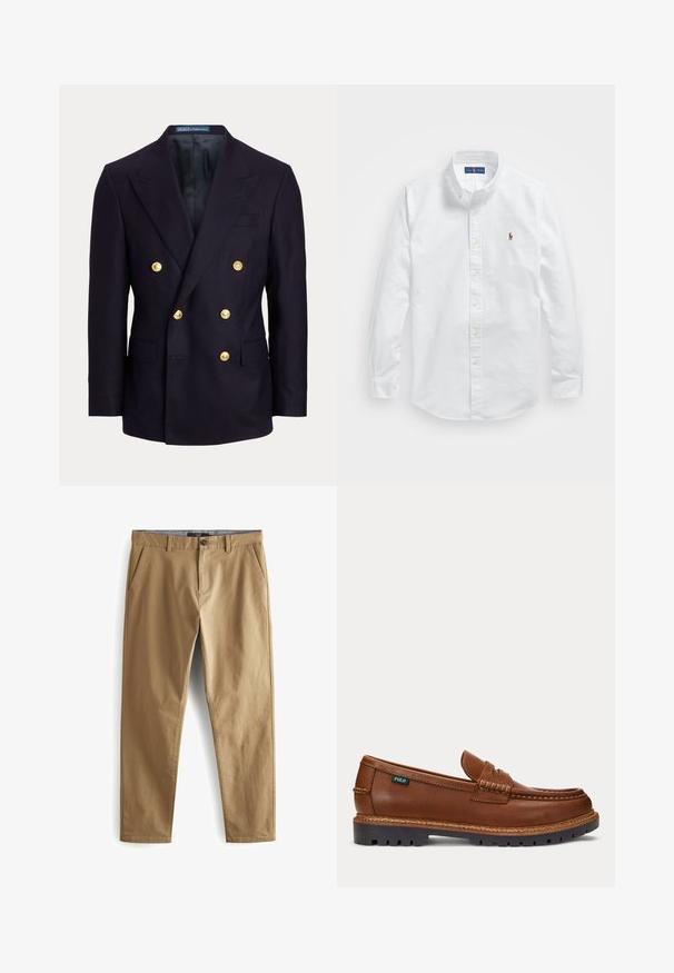 Marineblå dobbeltradet blazer med brede lapeller og seks gyldne knapper, med forlommer med klap og en glat sort inderforing.; Hvid bomulds skjorte med knaplukning, klassisk krave, lange ærmer og et lille broderet logo på venstre bryst.; Next STRETCH - Bukser - dark sand; Brun læderloafer med syninger, robust sort sål og lille "Polo" mærkat på siden.