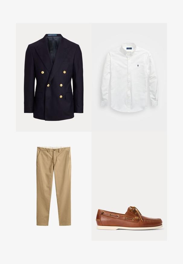 Marineblå dobbeltradet blazer med brede lapeller og seks gyldne knapper, med forlommer med klap og en glat sort inderforing.; Hvid skjorte med knapper lavet af bomuld. Har en spids krave, lange ærmer, og et lille navy-logo på brystet. Glat tekstur.; Beige chinos med lige ben, bæltestropper, frontknap, lynlås og sidelommer, vist fladt på en hvid baggrund.; Brun læder bådsko med hvid sål, snørebånd bundet foroven og metal-øjer langs siderne og i forreste syning.