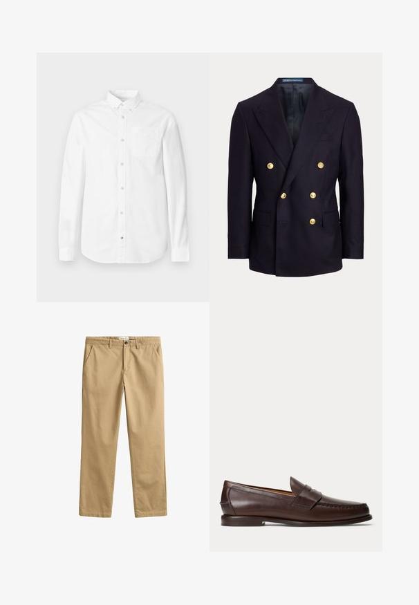 Marineblauer, zweireihiger Blazer mit breiten Revers und sechs goldenen Knöpfen, mit aufgesetzten Taschen vorne und einem glatten schwarzen Innenfutter.; Weißes Langarmhemd aus Baumwolle. Verfügt über einen Button-Down-Kragen, eine Brusttasche und eine dezente Textur. Gerade Saumlinie mit Knopfverschlüssen.; Beige gerade Hose mit Gürtelschlaufen, Fronttaschen, Knopfverschluss und Reißverschluss.; Dunkelbrauner Leder-Pennyloafer mit Nahtdetails und niedrigem gestapeltem Absatz, seitlich auf einfachem Hintergrund gezeigt.