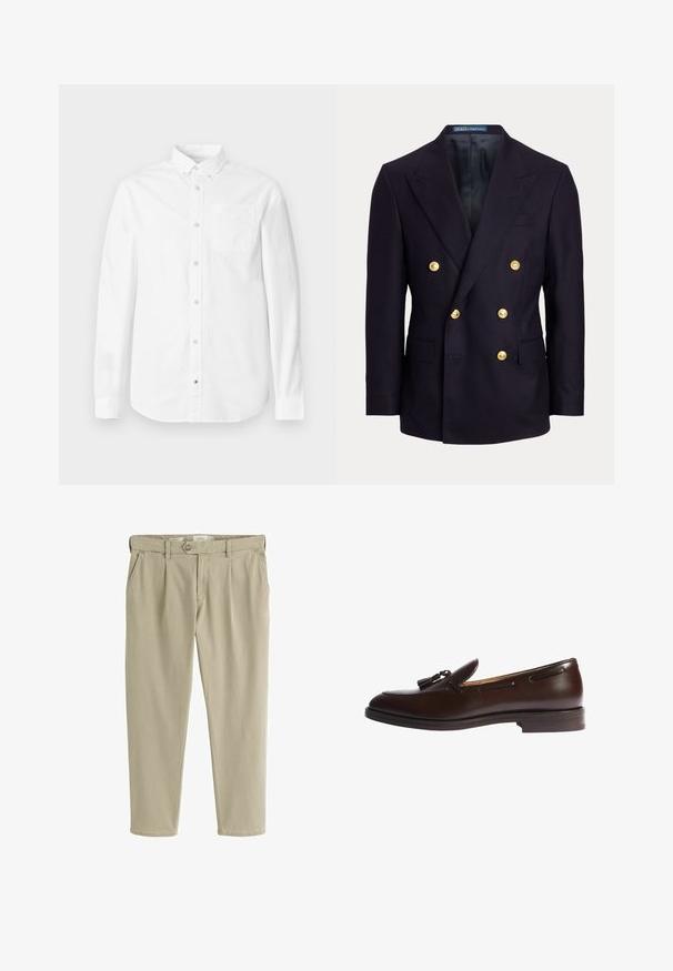 Marineblauer, zweireihiger Blazer mit breiten Revers und sechs goldenen Knöpfen, mit aufgesetzten Taschen vorne und einem glatten schwarzen Innenfutter.; Weißes Langarmhemd aus Baumwolle. Verfügt über einen Button-Down-Kragen, eine Brusttasche und eine dezente Textur. Gerade Saumlinie mit Knopfverschlüssen.; Beige gerade geschnittene Freizeithose mit Knopf- und Reißverschluss vorne, Gürtelschlaufen und Seitentaschen.; Braune Lederloafers mit Quastenverzierungen, runder Zehenpartie, gestickten Akzenten und flacher Sohle. Glatte Textur und klassisches Design.