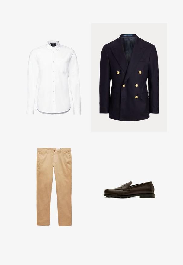 Marineblauer, zweireihiger Blazer mit breiten Revers und sechs goldenen Knöpfen, mit aufgesetzten Taschen vorne und einem glatten schwarzen Innenfutter.; Weißes Langarmhemd aus Baumwolle mit einem Button-Down-Kragen, Fronttasche und abgerundetem Saum mit knopfbaren Manschetten.; Beige gerade geschnittene Baumwollhose mit Gürtelschlaufen, vorderen Taschen und Knopfverschluss.; Dunkelbrauner Lederloafer mit niedrigem Absatz und einem Riemen über dem oberen Teil, seitlich auf weißem Hintergrund gezeigt.