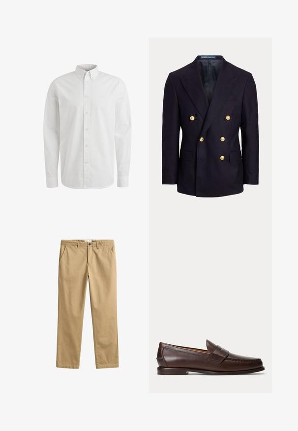 Blazer bleu marine croisé avec larges revers et six boutons dorés, avec poches avant à rabat et doublure intérieure noire lisse.; Chemise blanche à manches longues avec un col boutonné et un logo brodé subtil sur la poitrine gauche.; Pantalon beige à jambes droites avec passants de ceinture, poches avant, fermeture à boutons et braguette zippée.; Mocassin penny en cuir marron foncé avec des détails de couture et un petit talon empilé, présenté de profil sur un fond uni.