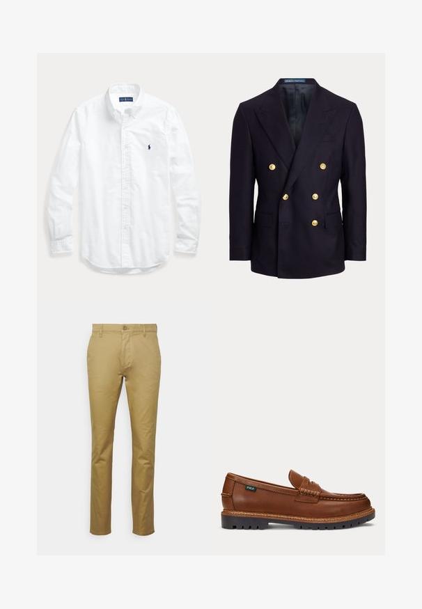 Marineblauw dubbelrijig blazer met brede revers en zes gouden knopen, met klepzakken aan de voorkant en een gladde zwarte voering.; Wit overhemd met lange mouwen, knopen en kraag, met een klein donker logo op de linkerborst, plat gelegd op een lichte achtergrond.; Khaki chinos van soepel katoen, met een klassieke rechte pijpontwerp, een voorzak en een enkele knoopsluiting bij de taille.; Bruine leren loafer met gestikte details, robuuste zwarte zool en klein "Polo"-label aan de zijkant.