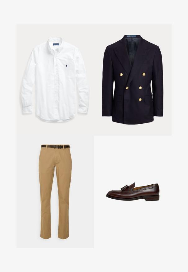 Marineblauw dubbelrijig blazer met brede revers en zes gouden knopen, met klepzakken aan de voorkant en een gladde zwarte voering.; Wit overhemd met lange mouwen, knopen en kraag, met een klein donker logo op de linkerborst, plat gelegd op een lichte achtergrond.; Beige katoenmengselbroek met een recht model en een donkerbruine riem. Voorzien van zijzakken en een nette zoomafwerking.; Donkerbruine leren loafer met kwastje, lage hak en gestikte details langs de zijkanten en bovenkant, weergegeven vanuit zijaanzicht aan de buitenkant.