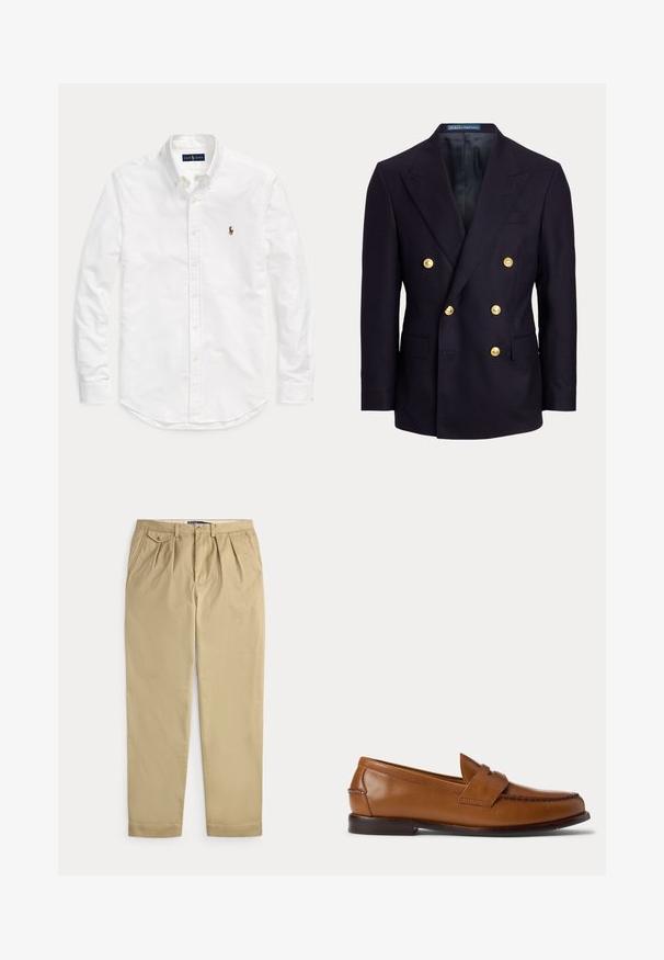 Marineblauer, zweireihiger Blazer mit breiten Revers und sechs goldenen Knöpfen, mit aufgesetzten Taschen vorne und einem glatten schwarzen Innenfutter.; Weißes, langärmliges Hemd mit Knopfleiste und Kragen sowie kleinem, gesticktem Logo auf der linken Brust, flach auf einem einfarbigen Hintergrund liegend.; Beige plissierte Hose mit Seitentaschen, kleinem knopfverschlossenen Münzfach rechts, Gürtelschlaufen und vorderer Knopf- und Reißverschlussöffnung.; Brauner Leder-Penny-Loafer mit niedrigem Absatz und gesteppten Details an Vorder- und Seitenpartien, seitlich auf weißem Hintergrund dargestellt.