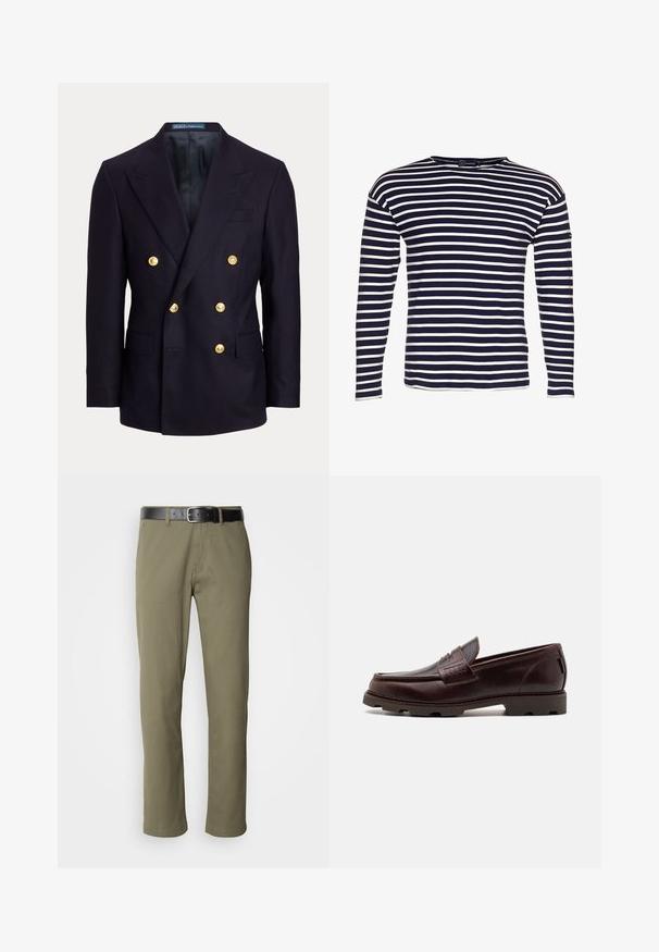 Marineblå dobbeltradet blazer med brede lapeller og seks gyldne knapper, med forlommer med klap og en glat sort inderforing.; Armor lux LOCTUDY MARINIÈRE - Langærmet T-shirt - navire/nature; Olivengrønne lige ben bukser lavet af bomuld, med et sort læderbælte, synlig søm og sidelommer.; Brune læder loafer med en mokkasinstil overdel, tekstureret syning og en robust sål med multidirektionale dæk.