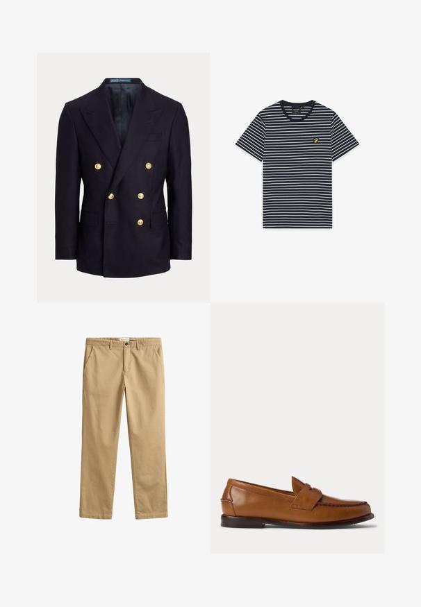 Blazer azul marino cruzado con solapas anchas y seis botones dorados, con bolsillos delanteros con solapa y un forro interior negro liso.; Camiseta de manga corta azul marino con delgadas rayas horizontales blancas y un pequeño logo de un pájaro amarillo en el pecho izquierdo.; Pantalones beige de corte recto con trabillas, bolsillos delanteros, cierre de botón y cremallera.; Zapato tipo mocasín penny loaf de cuero marrón con tacón bajo y detalles cosidos en la parte frontal y los laterales, mostrado de lado sobre un fondo blanco.