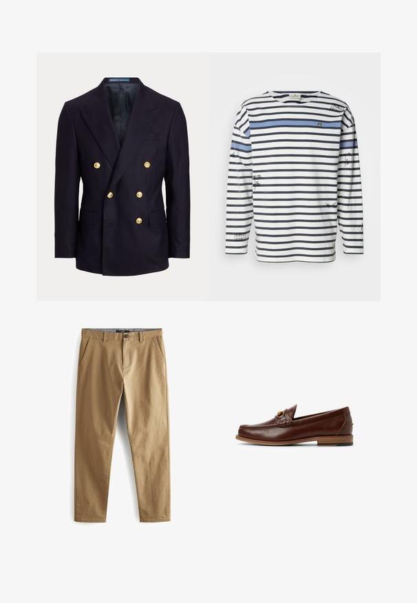 Blazer azul marino cruzado con solapas anchas y seis botones dorados, con bolsillos delanteros con solapa y un forro interior negro liso.; Camiseta de manga larga con rayas horizontales en azul marino y blanco, una franja de acento azul y ilustraciones gráficas en la parte delantera y en las mangas.; Next STRETCH - Pantalones - dark sand; Mocasines de cuero marrón con un detalle trenzado y un acento dorado. Tacón plano de madera con agarre de goma negra. Textura suave, diseño clásico.