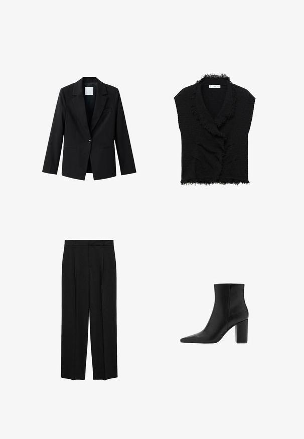 Schwarzer Blazer mit kontrastierendem Revers, Ein-Knopf-Verschluss und zwei vorderen Taschen. Hergestellt aus glattem Stoff, mit einer taillierten Passform.; Schwarzes ärmelloses Top aus strukturiertem Stoff, mit einem ausgefransten offenen Kragen und rüschigem Design. Die Ränder sind ebenfalls ausgefranst für zusätzliche Details.; Schwarze maßgeschneiderte Hose mit hoher Taille, gefalteter Gestaltung, geradem Bein und glatter Stoffoberfläche. Hat Gürtelschlaufen und Seitentaschen.; Schwarze Leder-Stiefelette mit spitzem Schuhkopf und Blockabsatz. Glatte Textur und minimalistisches Design, mit einem Schaft in mittlerer Höhe.