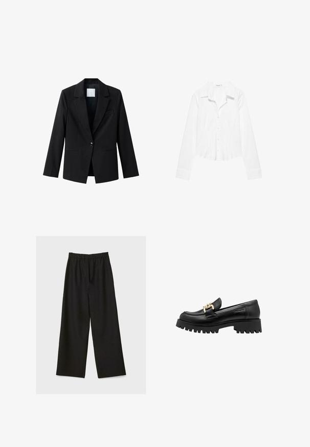 Veste noire à revers cranté, fermeture à un bouton et deux poches avant. Fabriquée en tissu lisse, avec une coupe ajustée.; Chemise blanche à manches longues avec col, taille légèrement cintrée et poignets boutonnés, présentée sur fond blanc.; Pantalons larges noirs avec taille élastique, présentés à plat sur un fond clair.; Mocassin en cuir noir avec une semelle en caoutchouc épaisse, ornée d'une chaîne dorée décorative à l'avant. Texture lisse avec un bout arrondi.
