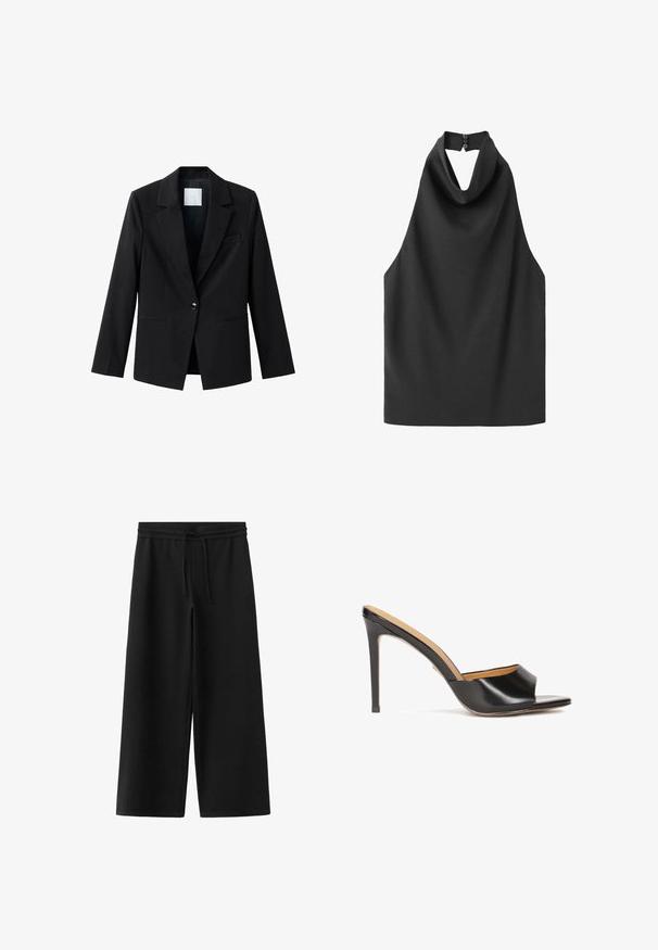 Schwarzer Blazer mit kontrastierendem Revers, Ein-Knopf-Verschluss und zwei vorderen Taschen. Hergestellt aus glattem Stoff, mit einer taillierten Passform.; Schwarzes ärmelloses Neckholder-Top mit hohem Kragen und Rückenknopfverschluss, glattem Stoff und weiter Passform.; Schwarze weit geschnittene Hose mit elastischem Bund und Kordelzug, aus weichem Stoff, flach auf weißem Hintergrund gezeigt.; Schwarze offene Absatzmules mit glänzendem Lederfinish, konischem Blockabsatz und einem sanft geformten Riemen über dem Spann.
