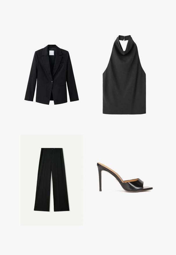 Zwarte blazer met een inkepingkraag, enkele knoopsluiting en twee voorzakken. Gemaakt van gladde stof, met een getailleerde pasvorm.; Zwarte mouwloze haltertop met hoge hals en knoopsluiting aan de achterkant, gladde stof en losse pasvorm.; Bershka WIDE - Broek - black; Zwarte open teen sleehakken met een glanzende leren afwerking, een taps toelopende blokhak en een gladde gebogen band over de wreef.