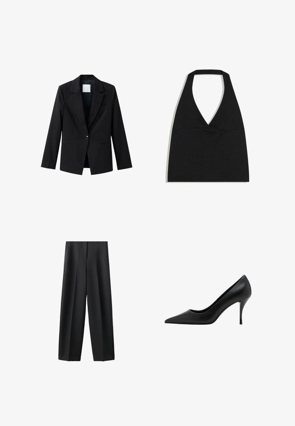 Sort blazer med hakkrave, enkelt knaplukning og to forlommer. Fremstillet af glat stof og med skræddersyet pasform.; Sort halterneck crop top med dyb V-udskæring og bred nakkestrop mod en hvid baggrund.; Sorte vide benbukser med høj talje og forreste foldelinjer, designet til formelle eller professionelle anledninger.; Sorte læder højhælede sko med spids tå, glat tekstur og en slank stiletthæl, som har et minimalistisk design.
