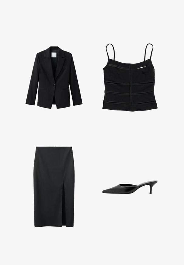 Veste noire à revers cranté, fermeture à un bouton et deux poches avant. Fabriquée en tissu lisse, avec une coupe ajustée.; Crop top noir ajusté avec fines bretelles et détails de coutures horizontales sur le tissu.; Jupe crayon noire longueur genou avec une fente centrale à l'avant, en tissu lisse, conçue pour une silhouette ajustée.; Mule en cuir noir à bout pointu, avec un petit talon fin et un design sans contrefort pour enfiler facilement.