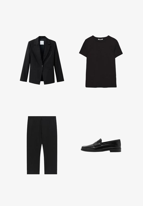 Zwarte blazer met een inkepingkraag, enkele knoopsluiting en twee voorzakken. Gemaakt van gladde stof, met een getailleerde pasvorm.; Zwart katoenen T-shirt met korte mouwen, ronde hals, standaard pasvorm en zichtbaar binnenlabel in de nek.; Zwarte stretchbroek met een aansluitend ontwerp, voorzien van een gladde textuur en een cropped lengte, afgewerkt met een eenvoudige zoom bij de enkels.; Mango Instappers - black