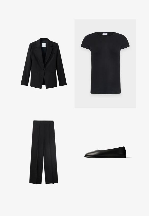 Sort blazer med hakkrave, enkelt knaplukning og to forlommer. Fremstillet af glat stof og med skræddersyet pasform.; Sort ribbet T-shirt med rund halsudskæring og korte ærmer. Blødt materiale med en tætsiddende pasform, som har et mærke i nakken.; Bredde ben sorte bukser med en glat tekstur, med plisseringer foran og en høj talje-design. Ingen synlige lommer eller hardware.; Sort læderflatsko med rundet tå og tynd sål vist i profil mod hvid baggrund.
