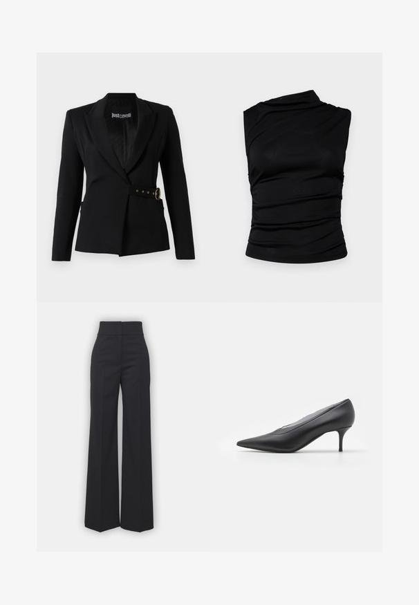 Sort blazer lavet af struktureret stof, med et dobbeltradet design, brede reverser og en guldbæltesDetalje med rund spænde.; Sort ærmeløst top med asymmetrisk halsudskæring, der har samlet stof for tekstur og en tætsiddende silhuet. Glat, strækbart materiale.; Bredbenede bukser i sort stof med høj talje, der har en ren finish og glat tekstur. Ingen synlige detaljer eller mønstre.; Sorte spidse højhælede sko lavet af glat læder. Har en slank hæl og et minimalistisk design uden synlige udsmykninger.