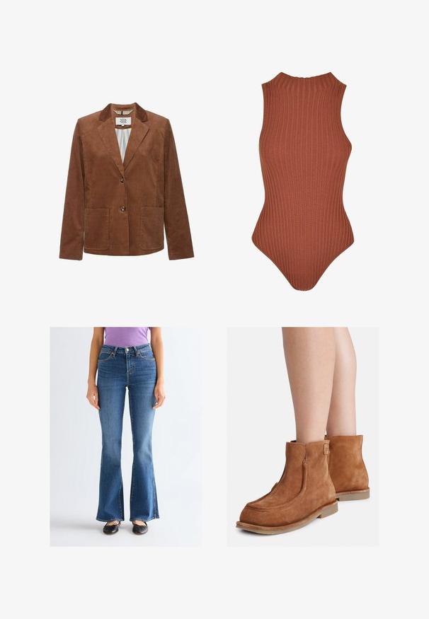 Bruine corduroy blazer met een notch-rever, twee voorkantzakken en een sluiting met één knoop. Verticale ribbels zorgen voor textuur; gestreepte binnenvoering zichtbaar.; Geribbelde bruine bodysuit met een hoge hals, zonder mouwen en een aansluitende silhouet. Gemaakt van rekbare stof, geschikt voor het lagen.; Vrouw draagt blauwe high-waist bootcut jeans, zwarte ballerina’s en een paarse korte mouwen T-shirt, staand tegen een effen lichte achtergrond.; Bruine suède enkellaarsjes met een ronde neus, zijnaad en lage rubberen zolen, met een zachte textuur en een minimalistisch ontwerp.