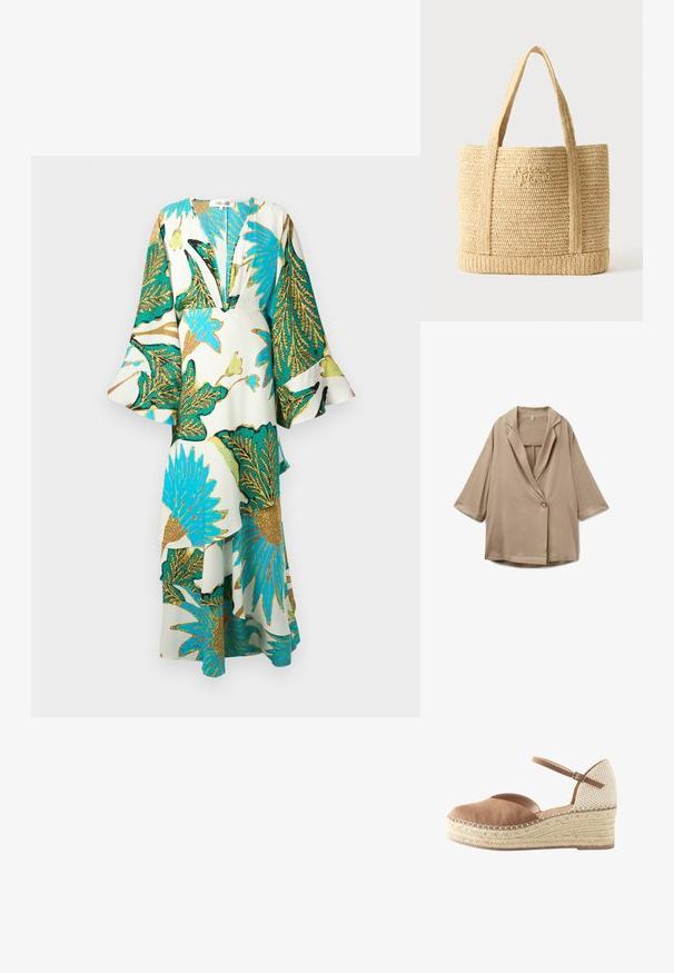 Beige oversized blazer met driekwart mouwen, een enkele knoopsluiting en een reverskraag met inkeping, plat gelegd op een witte achtergrond.; Lange, vloeiende jurk met een diepe V-hals, klokmouwen en levendige tropische bladvormen in teal, goud en groen op een lichte achtergrond.; Espadrille met sleehak, voorzijde van tan suède, achterzijde geweven beige, enkelbandje met gesp en gevlochten jute plateauzool.; Beige geweven strooien tas met twee schouderbanden en subtiele cursieve borduurwerk aan de voorkant, tegen een effen achtergrond.