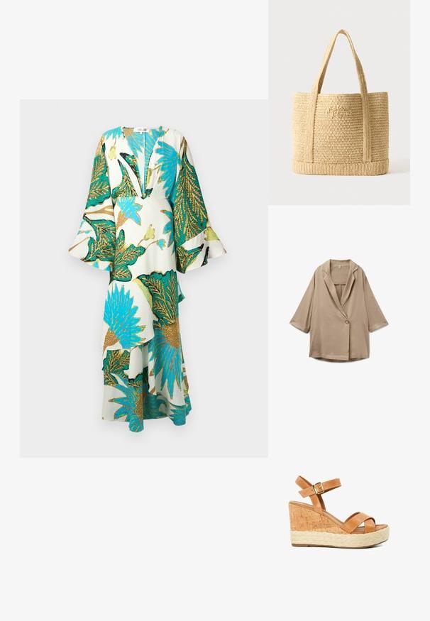 Blazer beige de gran tamaño con mangas hasta el codo, cierre de un solo botón y cuello de solapa con muesca, presentado extendido sobre un fondo blanco.; Vestido largo y suelto con un profundo escote en V, mangas acampanadas y vibrantes patrones de hojas tropicales en tonos de teal, dorado y verde sobre un fondo claro.; Sandalias de cuña de cuero marrón claro con dos correas cruzadas, tacón con textura de corcho y detalles de yute trenzado. Cierre con hebilla en la correa del tobillo.; Bolso tote beige tejido de paja con dos asas para el hombro y un sutil bordado en cursiva en la parte delantera, sobre un fondo liso.