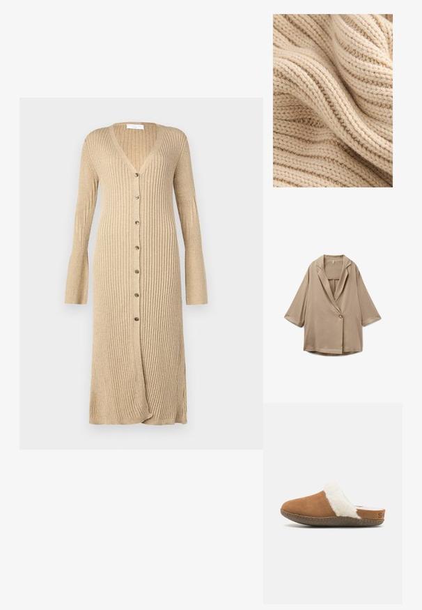 Beige oversized blazer med treskærmede ærmer, enkelt knaplukning og reverskrave med notch, vist fladt på en hvid baggrund.; Beige strikket stof med tekstureret ribstrik, der viser varierende tykkelse og en blød, fnugget overflade. Trådene er tæt vævede.; Beige ribbet cardigan med lange ærmer, knaplukning foran, V-hals og udvidede manchetter. Fremstillet af blødt strikmateriale med en tekstureret finish.; Brune ruskindssutsko med en hvid fluffy foring og en tekstureret sål. Har en syet kant og en lille brandingdetalje på hælen.