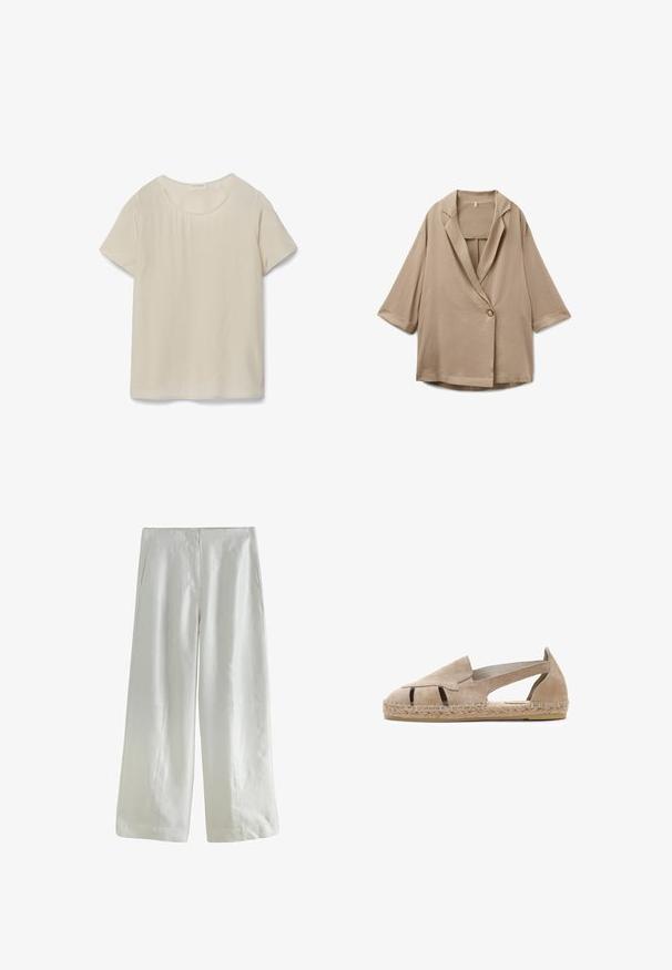 Beige oversized blazer med treskærmede ærmer, enkelt knaplukning og reverskrave med notch, vist fladt på en hvid baggrund.; Kortsleeve, lys beige bluse med rund halsudskæring og glat tekstur. Har et rent, enkelt design uden yderligere mønstre eller detaljer.; Hvide bukser med vide ben, sidelommer og en glat linning, vist fladt mod en hvid baggrund.; Beige ruskindsespadrille med udsnitning, flettet jutesål og blød indersål. Har en lav hæl og åbne sider for ventilation.