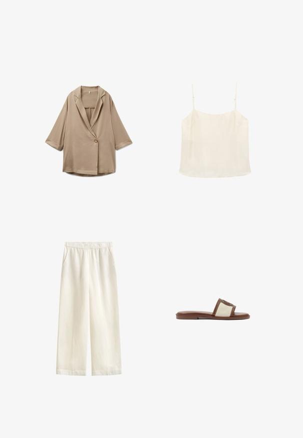 Beige oversized blazer med treskærmede ærmer, enkelt knaplukning og reverskrave med notch, vist fladt på en hvid baggrund.; Flødefarvet ærmeløs camisole-top med tynde justerbare stropper og en lige halsudskæring på hvid baggrund.; GANT BLEND PULL ON PANTS - Bukser - eggshell; Brune læderslidesandal med en beige vævet overdel, flad sål og rund tå. Designet inkluderer en logoakcent på remmen.