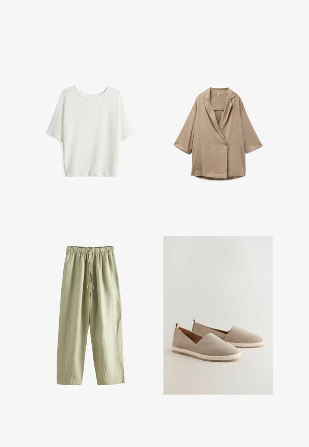Beige oversized blazer met driekwart mouwen, een enkele knoopsluiting en een reverskraag met inkeping, plat gelegd op een witte achtergrond.; Witte top met korte mouwen en een ronde hals, gemaakt van een gestructureerde, geweven stof en met een losse pasvorm, geschikt voor casual kleding.; Lichtbeige relaxed-fit broek met elastische tailleband en trekkoord, gemaakt van lichtgewicht stof, met brede rechte pijpen.; Beige suède instappers met een geweven jute zool, met een laag uitgesneden ontwerp en een kleine hak accent aan de achterkant.
