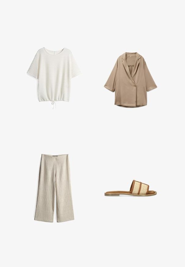 Beige oversized blazer met driekwart mouwen, een enkele knoopsluiting en een reverskraag met inkeping, plat gelegd op een witte achtergrond.; Witte korte mouwen top van textuurstof, losse pasvorm, ronde halslijn en trekkoord onderkant voor een aanpasbare silhouet.; Beige wijde broek van textuurstof met verticale plooien, een rechte zoom en zonder zichtbare sluitingen of zakken.; Platte slidesandaal met een gevlochten beige en bruine band en een lichtbruine zool tegen een witte achtergrond.