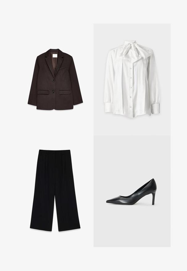 Brun blazer med tekstureret finish, der har en klapkrave, to frontlommer og en enkelt knaplukning.; Hvid bluse med lange ærmer, frontknapper og en stor bundet sløjfe ved halsen, med plisserede detaljer foran.; Sorte vide bukser lavet af glat stof, der har læg foran, en mellemhøj talje og ingen synlige lukninger eller pynt.; Sorte læder spidse pumps med en slank hæl, glat tekstur og ingen synlige udsmykninger. Rent design med en minimalistisk æstetik.