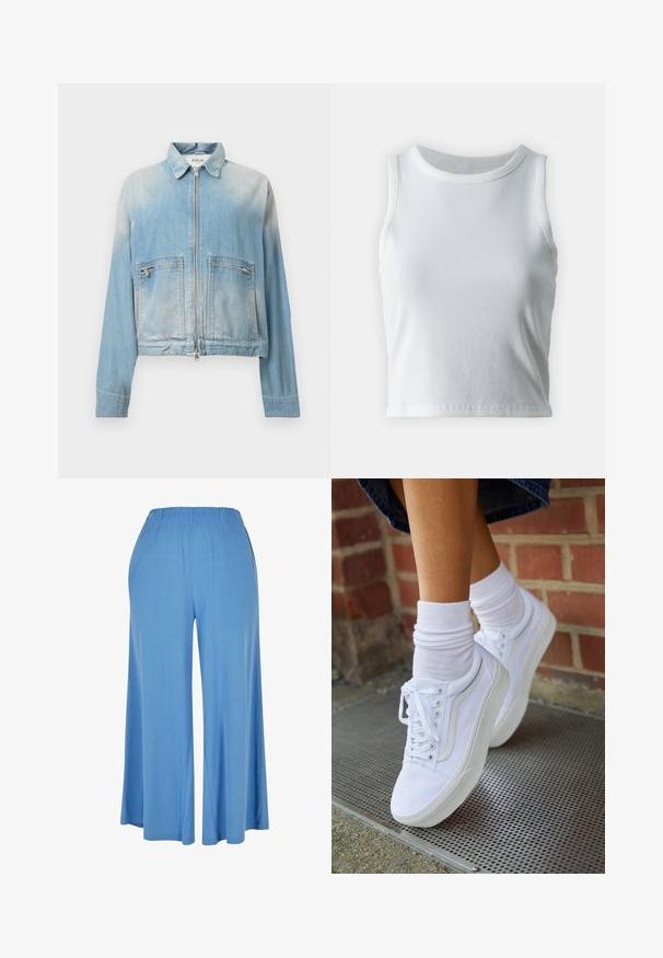 Hellblaues Jeansjackett mit einem Reißverschluss vorne, zwei Reißverschlusstaschen und einem Kragen. Verfügt über ein kurzes Design und eine leicht verwitterte Textur.; Weißes, geripptes Tanktop mit runder Ausschnittform und ärmellosem Design, ausgestattet mit einem geraden Saum und einer glatten, dehnbaren Textur.; Hellblaue weit geschnittene Hose aus weichem Stoff, mit einem elastischen Bund und einem lockeren Schnitt, der bis zur Mitte der Wade reicht.; Weiße Leinensneaker mit Gummisohlen, ausgestattet mit sechs Ösen, runder Zehenpartie und dezenten Nähten, kombiniert mit weißen Knöchelsocken.