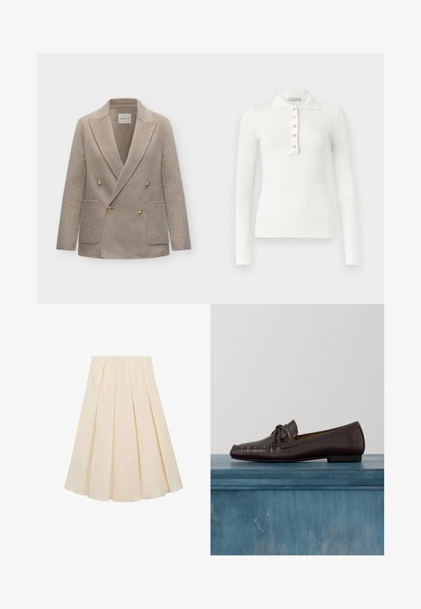 Beige dubbelgeknoopte wollen blazer met gouden knopen, brede revers en twee opgestikte voorzakken, afgebeeld tegen een effen achtergrond.; Witte ribgebreide poloshirt met lange mouwen, vijf knopen en een omgeslagen kraag op een effen achtergrond.; Plisseerok van crèmekleurige stof; heeft een zachte textuur, een middellange ontwerp en symmetrische plooien die zich uitstrekken van de tailleband tot de zoom.; Bruine leren loafers met een ronde neus, strikdetail en sierstiksels langs de wreef. Platte zwarte rubberen zool.