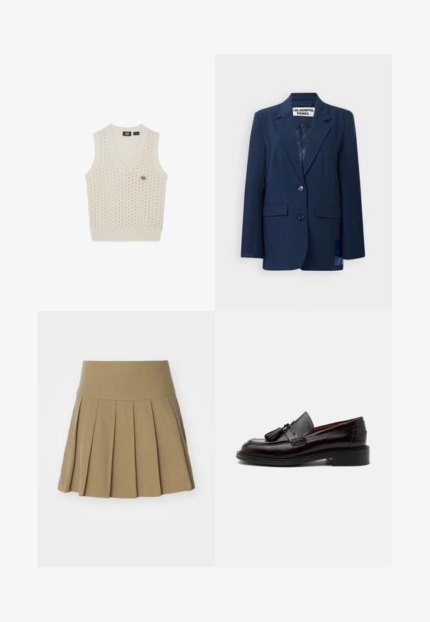 Blazer navy hecho de tela suave, con cierre de dos botones, solapas con muesca, dos bolsillos frontales y un sutil patrón en el forro interior.; Chaleco de punto sin mangas color crema con escote en V, que presenta un patrón texturizado de puntos en relieve y un pequeño parche de logo.; Falda plisada color caqui con cintura ajustada, fabricada en un tejido suave, que presenta pliegues afilados que realzan su apariencia estructurada.; Mocasín de cuero marrón oscuro con borlas, detalles cosidos y un tacón apilado bajo sobre un fondo liso claro.