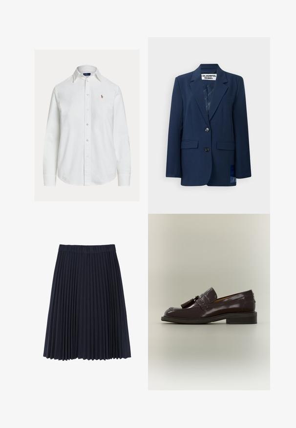 Blazer marine en tissu lisse, avec une fermeture à deux boutons, des revers à crans, deux poches avant et un motif de doublure intérieur subtil.; Chemise blanche à manches longues, boutonnée avec col et petit logo brodé sur la poitrine gauche, présentée sur fond uni.; Jupe plissée marine en tissu doux. Dotée d'une large ceinture élastique, elle tombe juste au-dessus du genou avec une texture lisse.; Mocassin en cuir marron foncé avec pampilles, talon bas et semelle cousue, montré de profil sur un fond neutre.